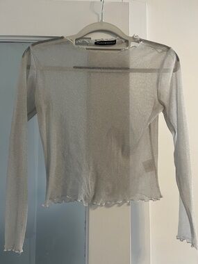 Brandy Melville Silver Metallic Sheer Long Sleeve Top